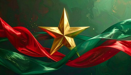 Golden Star Emblem on Flowing Red and Green Fabric Background.