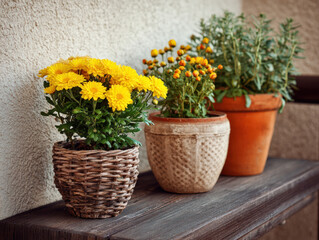 Bright yellow flowers in woven pots enhance urban balcony garden, creating cheerful atmosphere