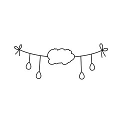 A white background with a cloud and a bunch of balloons hanging from a string