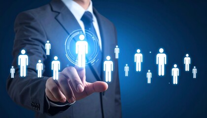 Businessman Selecting a Person from a Digital Network of People.