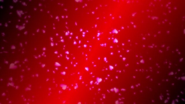 Pink heart shapes being lit up and falling down on red gradient background. Abstract background for Happy Valentine's day and wedding ceremony.