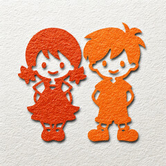 Happy red and orange cartoon children &mdash; girl and boy characters standing together on textured white background, symbolizing family bonding, playful learning, growth and joy