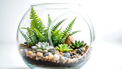 Obraz premium Beautiful Indoor Succulent and Fern Terrarium in Glass Bowl