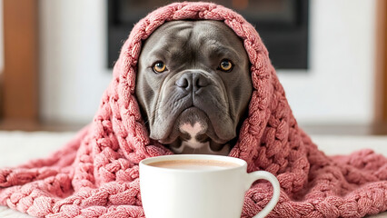 Dog wrapped in pink knitted blanket with hot chocolate