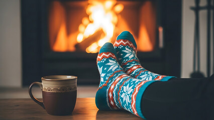 Feet in patterned socks by a warm fireplace with a mug