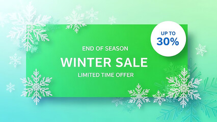 Green rectangle with winter sale text and snowflakes