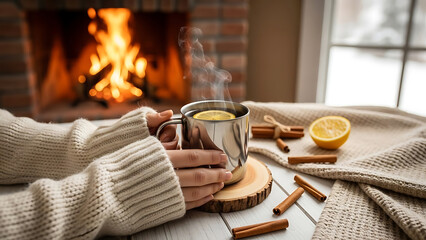 Hands holding steaming mug of tea by fireplace