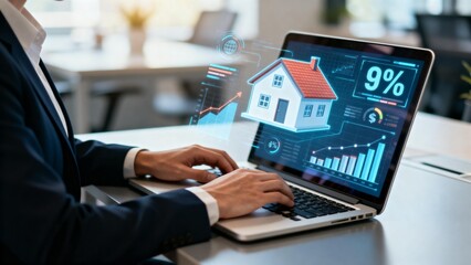 Person working on laptop with house and data graphics