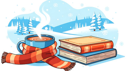 Hot drink and books in a snowy winter landscape coffee