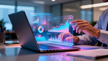 Person interacting with holographic data on laptop