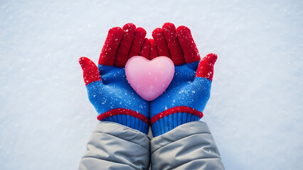 Pink heart held in blue red gloved hands on snow gloves