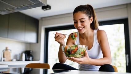 Woman eating salad in kitchen