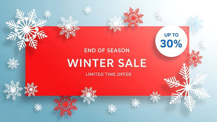 Red rectangle with winter sale text and snowflakes