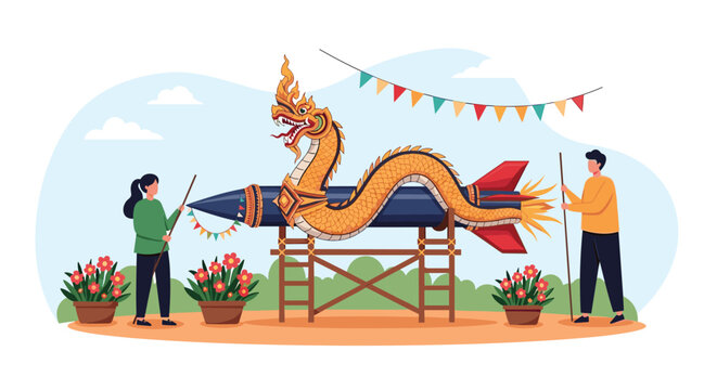 Traditional Thai rocket festival celebration featuring people and a large decorated Naga dragon rocket on a wooden stand during a local ceremony.