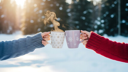 Two hands holding steaming mugs in a snowy forest cups