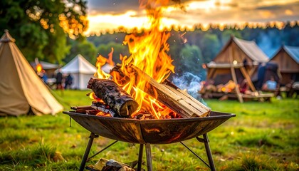 Campfire Burning Brightly at Dusk with Tents in Background.