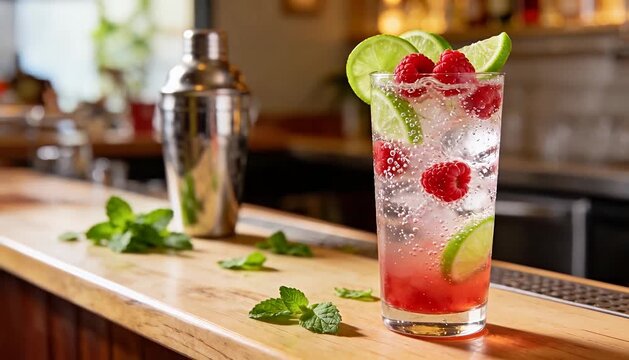 Refreshing raspberry lime soda with mint and ice, cocktail drink photography raspberry lime, ice, glass, bar.