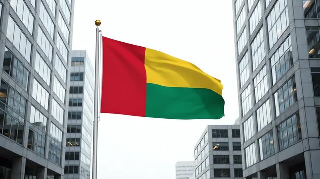 Flag of Burkina Faso waving in front of modern city skyscrapers