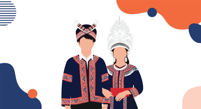 Illustration of a Hmong man and woman in traditional dark blue ethnic costumes with red and white patterns and ornate headdresses.