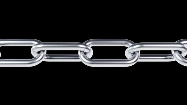 3D rendering of chrome steel chain links rotating while sliding slowly. Close up loop.