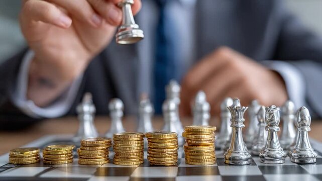 Strategic Moves: A close-up view of a hand strategically moving a chess piece, juxtaposed against stacks of gold coins on a chessboard.
