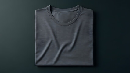 A folded plain dark gray t-shirt presented from a top-down perspective on a dark, subtly textured background