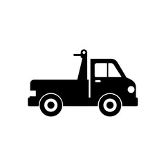 A black silhouette of a tow truck on a white background