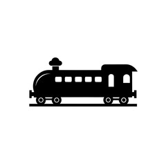 A black silhouette of a vintage steam train on a white background