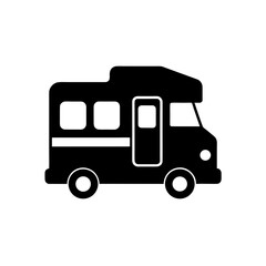 A black silhouette of a camper van on a white background
