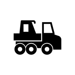 A black silhouette of a dump truck on a white background