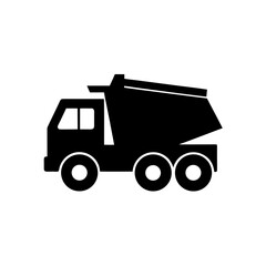 A black silhouette of a dump truck on a white background