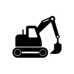 A black silhouette of an excavator machine in a flat, minimal vector graphic design