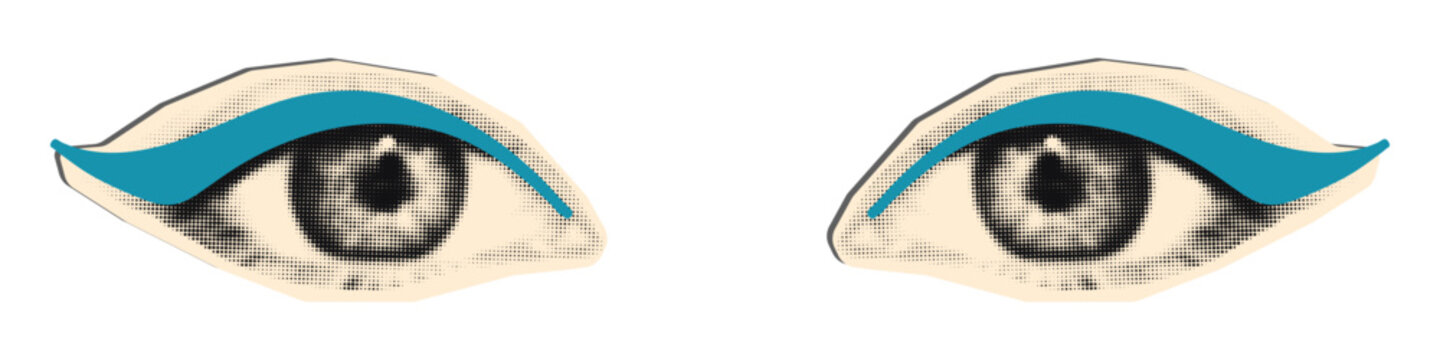 Female eyes with teal eyeliner looking forward, trendy halftone element for collage. Grunge cut out sticker with vintage dot texture. Modern retro vector illustration for mixed media design isolated