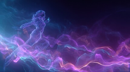Abstract ethereal figure flowing through colorful digital energy waves against dark background