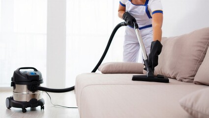 A professional cleaner in gloves uses a vacuum cleaner to clean a beige couch in a bright living room. Home cleaning service and maintenance.