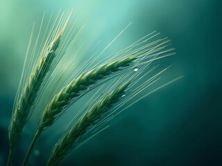 Fototapeta premium Close up of green wheat stalks with dew drops in soft light
