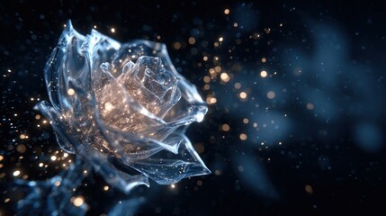 Abstract floral artwork transparent rose with sparkling details on dark background
