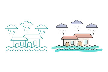 Naklejka premium Flood illustration in two different styles. Houses submerged by flood. Natural disaster. Rainy season, vector illustration.
