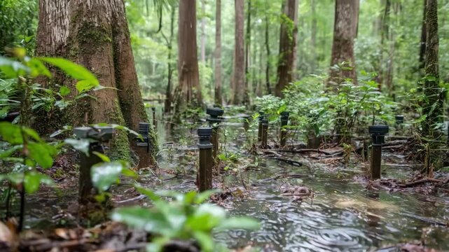 Medium shot of wireless sensor networks installed around wetlands to track temperature and humidity variations.