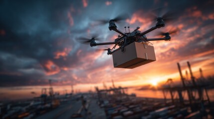 Drone delivering a cardboard package over a shipping port at sunset, with containers and cranes visible in the background against a dramatic sky