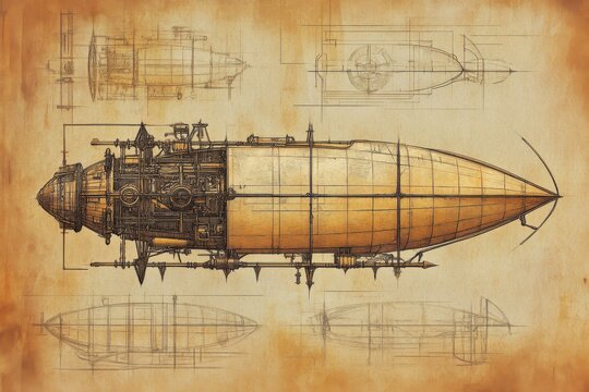 Cutaway steampunk airship engine schematic on aged parchment displaying boilers, pistons, valve assemblies, maintenance notes and mechanic annotations for midship overhaul and field repair procedure.