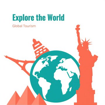 Flat vector illustration depicting famous global landmarks including the Eiffel Tower and Statue of Liberty. Travel and tourism concept.