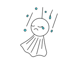 A sad cartoon character is falling from the sky