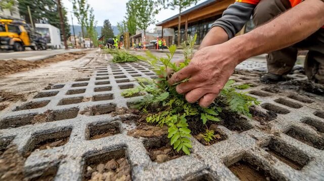Medium shot of permeable pavement installation capturing water infiltration and ecofriendly urban runoff solutions.