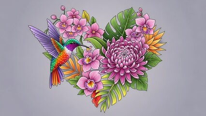 Obraz premium Colorful hummingbird and floral heart illustration on gray background