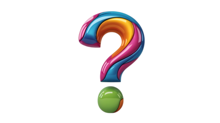 Colorful question mark symbol with shiny surface and green sphere below isolated on white background transparent background