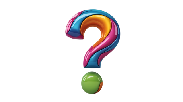 Colorful question mark symbol with shiny surface and green sphere below isolated on white background transparent background - Powered by Adobe