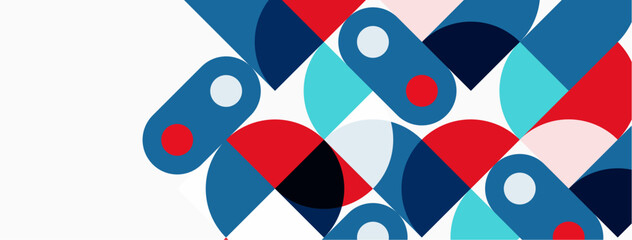 Obraz premium Abstract geometric shapes overlap, creating colorful pattern. Blue, red, turquoise dominate design. Minimalist aesthetic, modern feel.