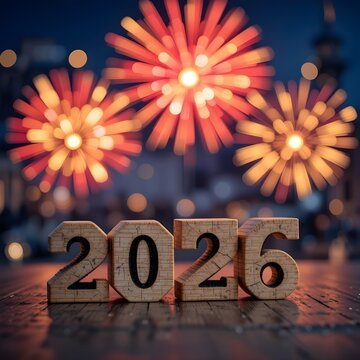 2026년 새해 축하 행사, 추상적인 초점 해제 조명이 있는 이브 밤의 나무 숫자와 불꽃놀이