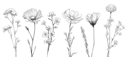 A pencil sketch displays varied wildflower illustrations on stems against a white backdrop